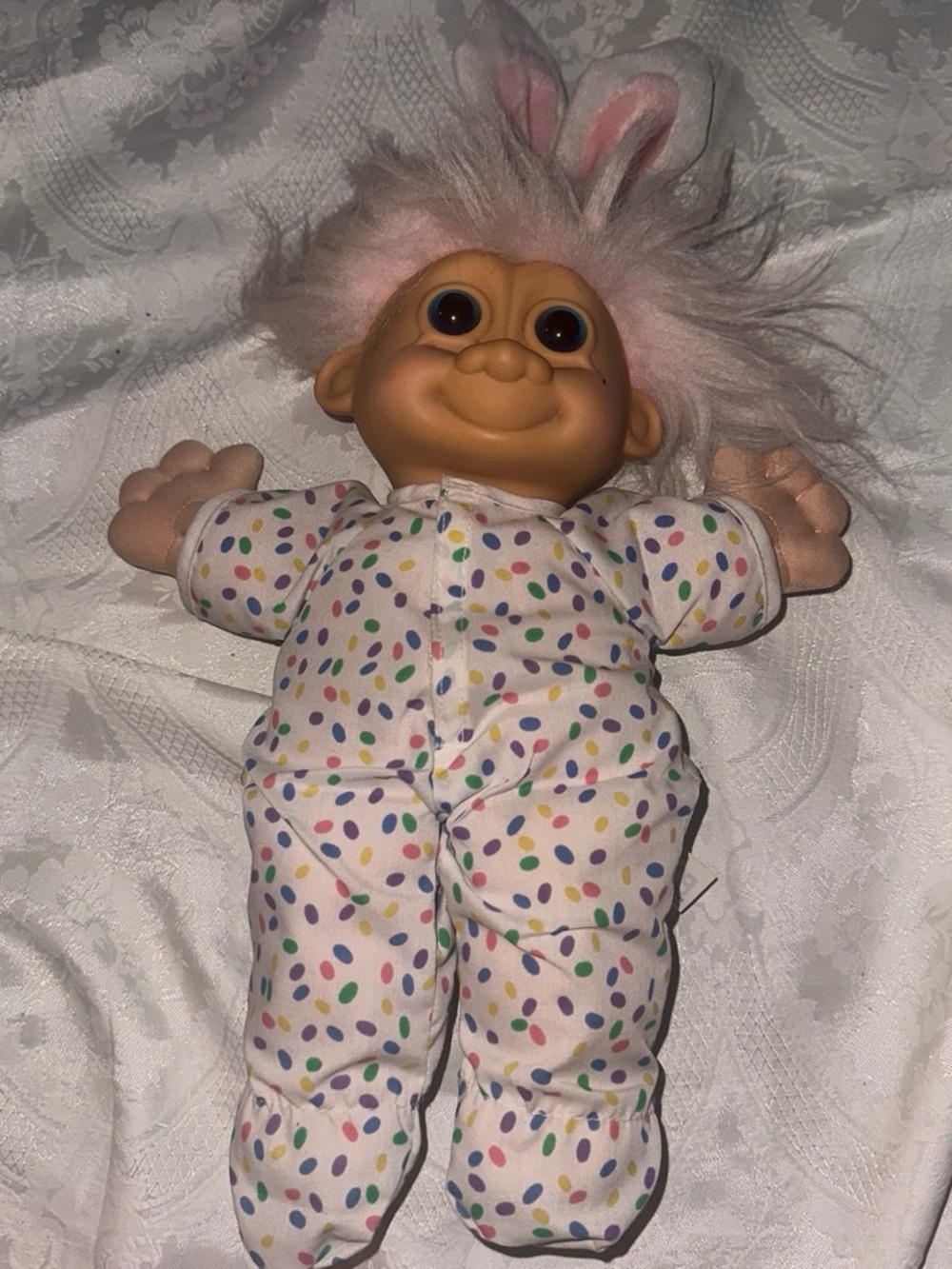 Pink-Haired Polka Dot Plush Troll Doll - Kids Toy bunny ears